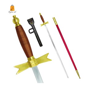 Könnte beinhalten: Ein Zeremonien-Schwert mit goldenem Griff und einem braunen, lederbezogenen Griff. Das Schwert hat eine silberne Klinge und eine goldene Parierstange. Das Schwert wird mit einer roten Scheide gezeigt.