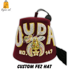 Masonic Shriners Fez Cap Custom Lodge Name Burgundy Colour Hand Embroidery With Rhinestone Black Tassel + Holder 4  Rows+Rhinestone