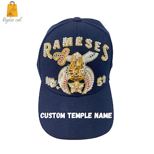 Masonic Shriner Cap Embroidered Rameses Temple Blue/Black Color Hand Embroidered with Rhinestone Make in any Custom Lodge Name.