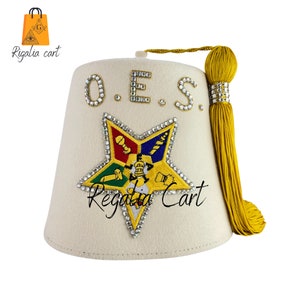 OES Fez, Masonic Order Of Eastern Star Standard White/Pure White Fez Unique Style with Rhinestone outline with OES Star Emblem