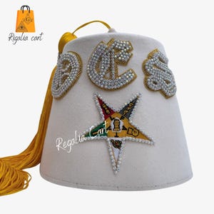OES Fez, Rare Style Order Of Eastern Star Fez, Standard White/Pure White Fez Hand Embroidery with Rhinestone OES & Star Emblem