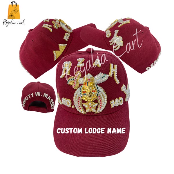 Shriner Cap Embroidered AZAH Court Vintage Burgundy Color Hand Embroidered Camel and pyramid Baseball Cap Make in any Custom Lodge Name.