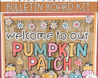 May include: A bulletin board kit with an autumn theme. The kit includes a welcome sign that says "Welcome to our Pumpkin Patch". The sign is decorated with pumpkins, leaves and flowers. The kit also includes two phrases: "Welcome to our Pumpkin Patch" and "Happy Fall Y'all".