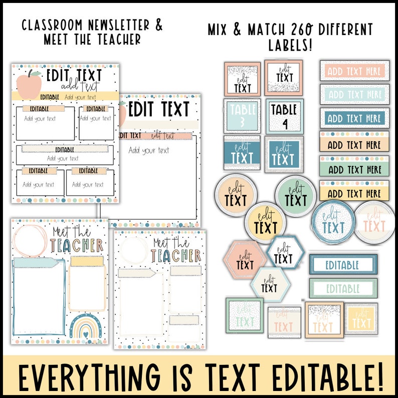 May include: A set of printable classroom decor featuring editable text boxes and labels. The design is colorful and features a rainbow, polka dots, and a 'Meet the Teacher' theme. The text includes 'Edit Text' and 'Add Text Here'.