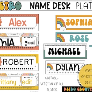 Groovy Retro Desk Plates (editable), Student Name Plates