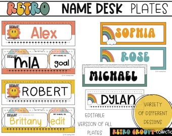 Groovy Retro Desk Plates (editable), Student Name Plates