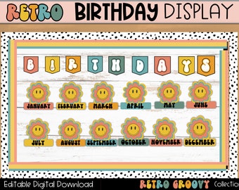 Retro Groovy Birthday Classroom-display (bewerkbaar, digitale download)