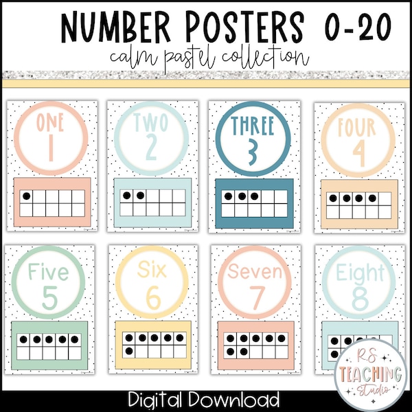 Classroom Number Posters with Ten Frames 0-20 | Pastel Classroom Decor | Classroom Number Display | Elementary Classroom