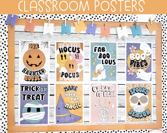 May include: Eight retro-style Halloween classroom posters with colorful backgrounds and illustrations. The posters feature phrases like "Our Haunted House", "Hocus Pocus", "Fab Boo Lou's", "Boo Vibes", "Trick or Treat", "Make Your Own Magic", "Creep It Real", and "Spooky Season".