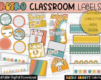 Retro Groovy Classroom Labels: Editable Group & Table Signs (Digital Download)