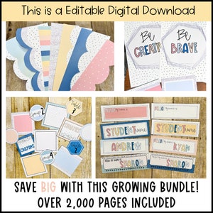 May include: A digital download of classroom decor featuring colorful borders, table numbers, student name tags, and motivational posters with the text "Be Creative" and "Be Brave".