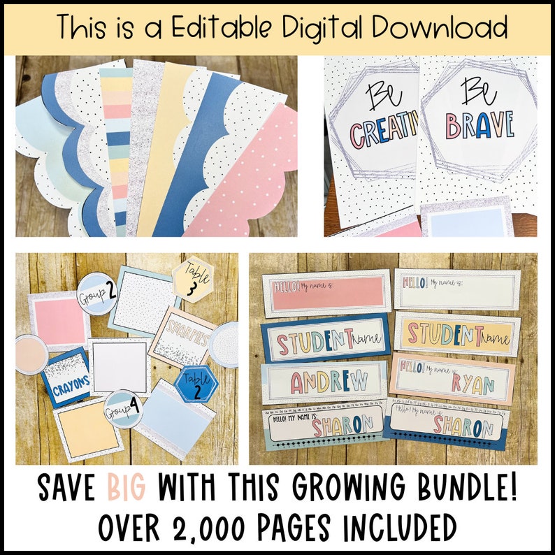 May include: A digital download of classroom decor featuring colorful borders, table numbers, student name tags, and motivational posters with the text "Be Creative" and "Be Brave".
