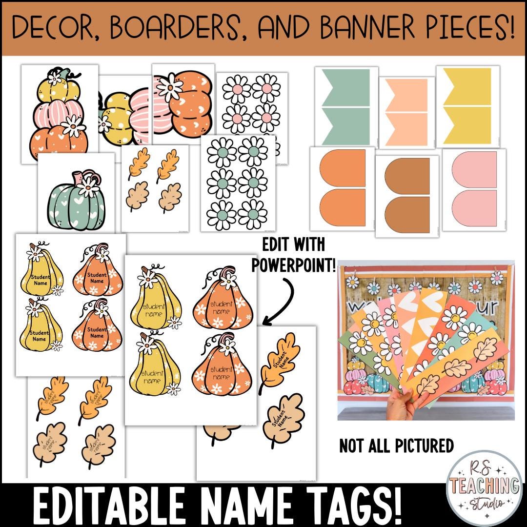 Black & White Autumn Bulletin Board Set - 4FT Pumpkin Theme With Borders, Cutouts & Banner