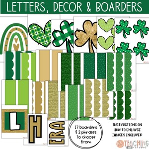 Peut inclure: Un ensemble de 17 bordures imprimables vertes et dor&eacute;es et deux phrases pour la d&eacute;coration de la classe. Les bordures comprennent des tr&egrave;fles, des pois, des paillettes et des bords festonn&eacute;s. Les phrases sont "ERA" et "Let's Get Lucky".