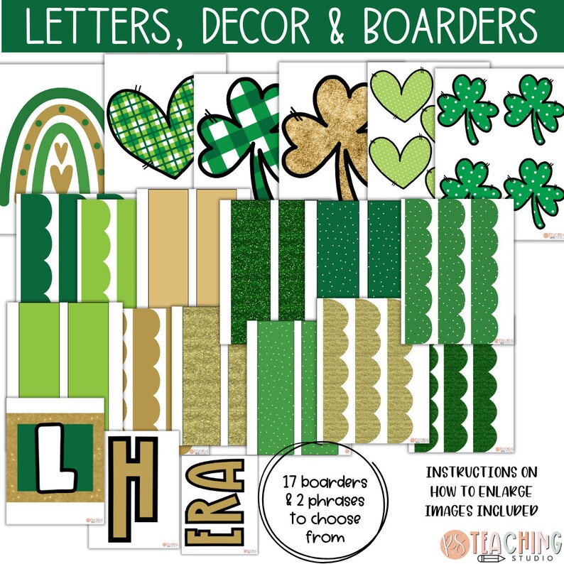 Peut inclure: Un ensemble de 17 bordures imprimables vertes et dor&eacute;es et deux phrases pour la d&eacute;coration de la classe. Les bordures comprennent des tr&egrave;fles, des pois, des paillettes et des bords festonn&eacute;s. Les phrases sont "ERA" et "Let's Get Lucky".