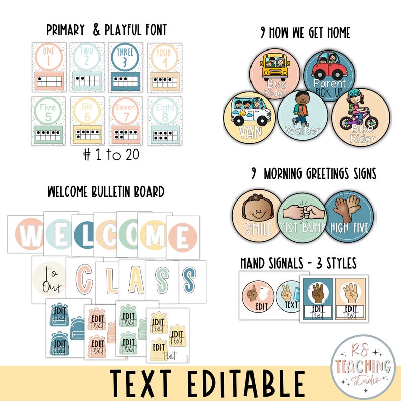 May include: A set of printable classroom decor featuring a welcome bulletin board, number charts, morning greeting signs, and how we get home signs. The signs are in a primary color palette with a playful font. The text is editable.