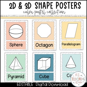 2D- en 3D-vormenposters voor in de klas | Pastelkleurig klaslokaaldecor | Kleuterschoolposters | Vormenposters voor in de klas