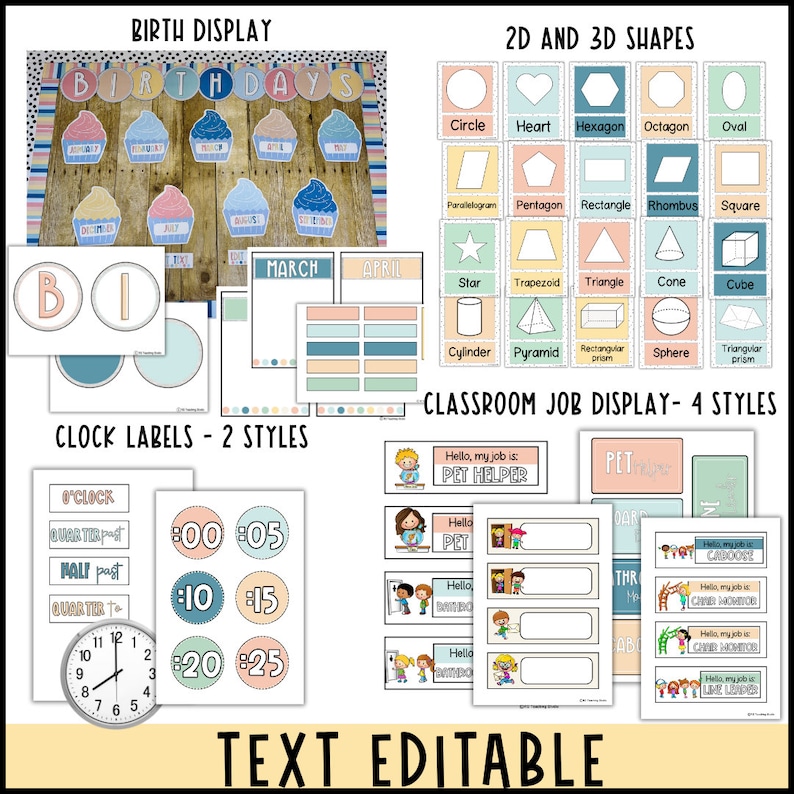 May include: A set of printable classroom decor for teachers. The set includes a birthday display, 2D and 3D shape posters, clock labels, and classroom job display cards. The colors are pastel pink, blue, and green.