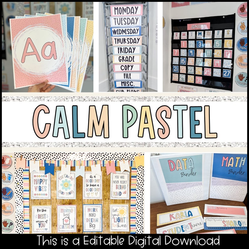 May include: A classroom decor set with a calming pastel color scheme. The set includes alphabet posters, motivational posters, binder labels, and a calendar. The posters feature a variety of positive messages and affirmations, such as "Happy Vibes", "You Can Do It", "Work Hard Dream Big", and "Let Your Light Shine". The binder labels are for "Data Binder" and "Math Binder". The calendar is a simple grid with the month of January displayed.