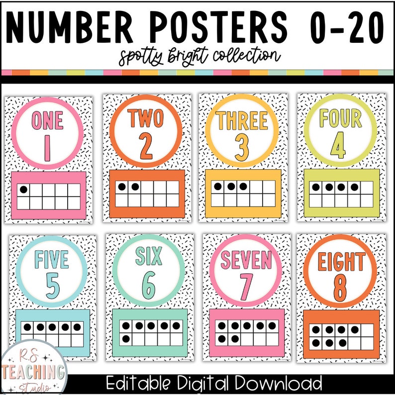 May include: A set of colorful number posters with a black and white polka dot background. Each poster features a number from 1 to 8 in a circle with a matching color. Below each number is a ten frame with black dots to represent the number.