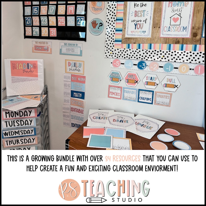 May include: A classroom decor bundle with over 34 resources to help create a fun and exciting classroom environment. The bundle includes colorful posters, labels, and other classroom essentials. The posters feature phrases like "Be the best version of you" and "Home sweet classroom".