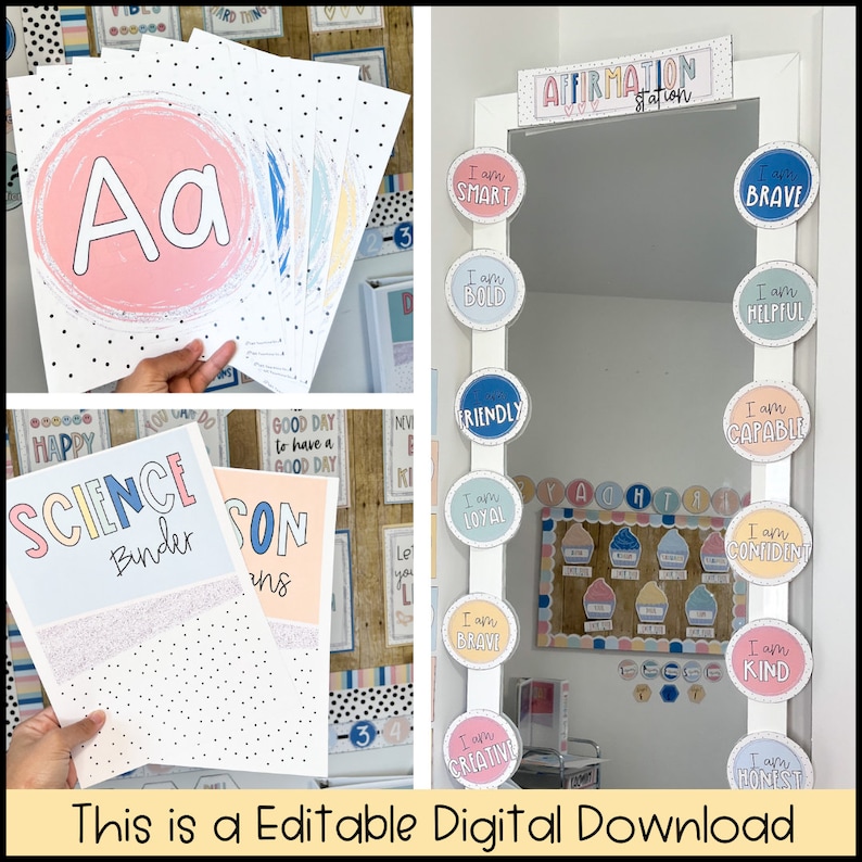 May include: A set of printable classroom decor featuring colorful circles with positive affirmations like "I am smart", "I am brave", and "I am creative". The circles are displayed on a white board with a mirror and the words "Affirmation Station" at the top.