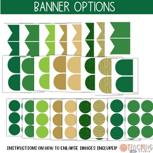 Peut inclure: Une feuille de conception de banni&egrave;re imprimable avec trois formes de banni&egrave;res diff&eacute;rentes&nbsp;: fanion, demi-cercle et cercle. La feuille comprend six options de couleur et de motif&nbsp;: vert uni, vert clair, or, vert paillet&eacute;, or paillet&eacute; et vert &agrave; pois blancs. Le texte "BANNER OPTIONS" est en haut de la feuille.