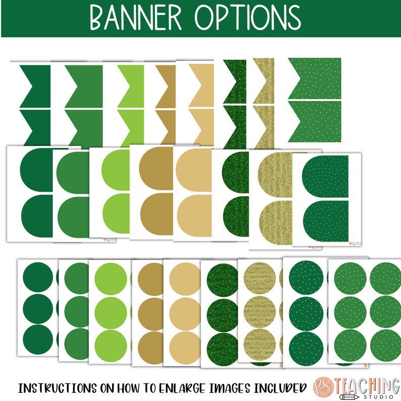 Peut inclure: Une feuille de conception de banni&egrave;re imprimable avec trois formes de banni&egrave;res diff&eacute;rentes&nbsp;: fanion, demi-cercle et cercle. La feuille comprend six options de couleur et de motif&nbsp;: vert uni, vert clair, or, vert paillet&eacute;, or paillet&eacute; et vert &agrave; pois blancs. Le texte "BANNER OPTIONS" est en haut de la feuille.