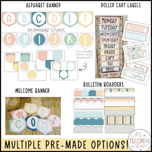 May include: A set of printable classroom decor featuring alphabet banners, welcome banners, bulletin board borders, and roller cart labels. The design features a pastel color scheme with a mix of light blue, pink, yellow, and green. The text is editable using PowerPoint.
