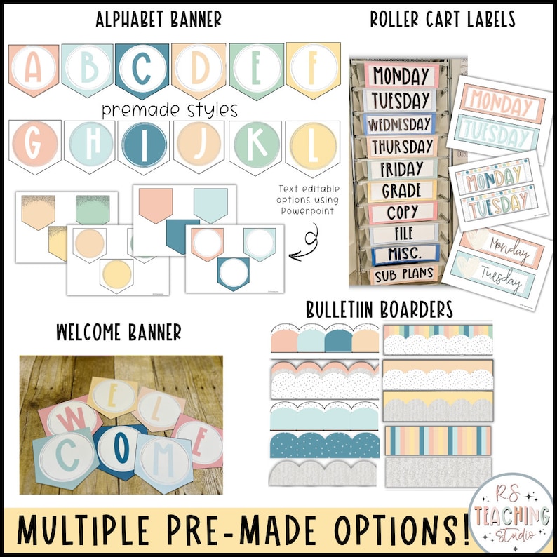 May include: A set of printable classroom decor featuring alphabet banners, welcome banners, bulletin board borders, and roller cart labels. The design features a pastel color scheme with a mix of light blue, pink, yellow, and green. The text is editable using PowerPoint.
