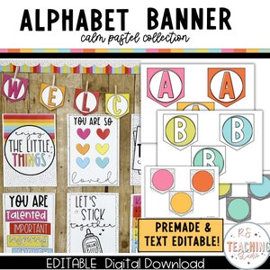 May include: A printable alphabet banner with pastel colors and black outlines. The banner features the letters A, B, and R in a variety of colors. The text "PREMADE & TEXT EDITABLE!" is also included in the image.