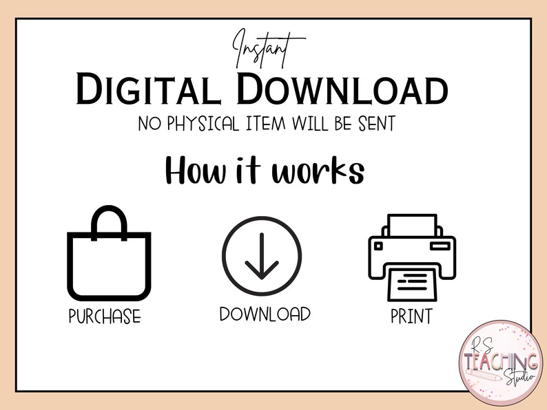 K&ouml;nnte beinhalten: Ein wei&szlig;er Hintergrund mit schwarzem Text, der "Sofortiger digitaler Download Kein physischer Artikel wird versandt So funktioniert es" lautet. Unter dem Text befinden sich drei schwarze Symbole: eine Einkaufstasche, ein Abw&auml;rtspfeil und ein Drucker. Die Symbole sind mit "Kaufen", "Herunterladen" und "Drucken" beschriftet.