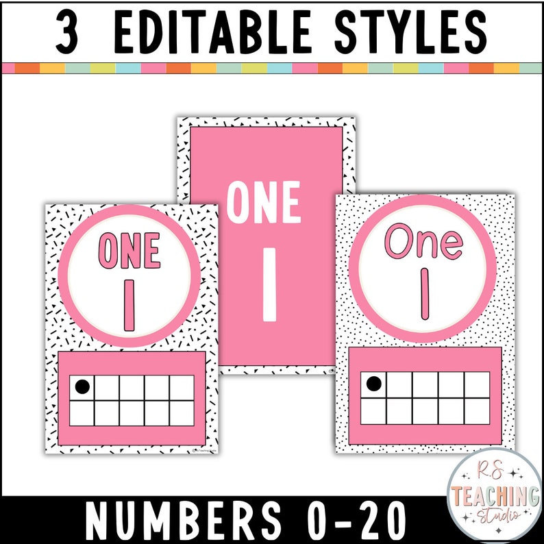 May include: Three editable styles of pink number cards with black polka dots and a ten frame. The number one is shown in three different styles: a circle with the word "ONE" and the number "1" inside, a rectangle with the word "ONE" and the number "1" inside, and a circle with the word "One" and the number "1" inside. The text "NUMBERS 0-20" is at the bottom of the image.