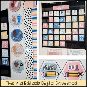 May include: A classroom decor set with a calendar, a set of colorful circles with icons and text, and two hexagonal signs with the words "SHARP" and "DULL" with a pencil illustration. The calendar is for January and has the days of the week labeled. The circles have icons and text for "Restroom", "Water", "Pencil", "Tissue", and "Question". The text "This is a Editable Digital Download" is at the bottom of the image.