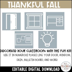 K&ouml;nnte beinhalten: Ein digitaler Download eines Klassenzimmers Dekor-Sets mit dem Text "Thankful Fall". Das Set enth&auml;lt Bilder einer T&uuml;r, eines Fensters, eines Schreibtisches, einer Pinnwand und einer Gl&uuml;hbirne. Die Bilder sind in hellblau.