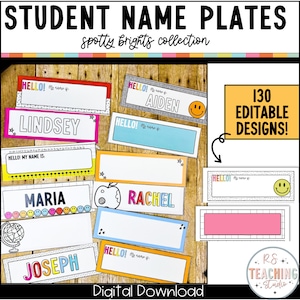 Placas de mesa de estudante brilhantes | Etiquetas de nome de aluno | Placas de identificação de mesa para estudantes | Tags de nome de sala de aula editáveis | Sala de Aula Elementar