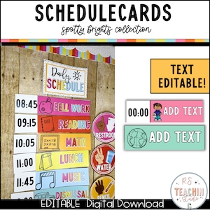 Horario de aula brillante / Horario de aula editable / Decoración colorida del aula / Tarjetas de horario de aula / Gestión del aula
