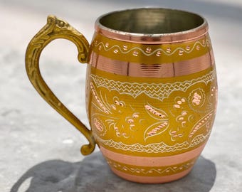 Handcrafted Engraved Copper Mug with Brass Handle – Unique Artisan Drinkware for Gifting or Decor