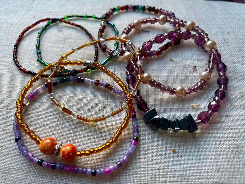 Stackable Colourful Boho Hippie Quirky Glass and Seed Beaded Stretchy Bracelet Gift for Her Boho Chic Layering Bracelet Set Yellow Purple image 10