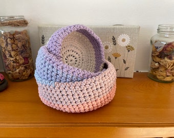 Crocheted Small Storage Basket in Pastel Colours Stackable Easter Basket Home Decor Spring Decor
