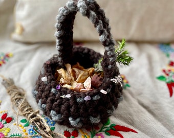 Hand Crocheted Cauldron Shaped Basket Gift for Her Unique Home Decor Witchy Gift Witchy Decoration Embellished