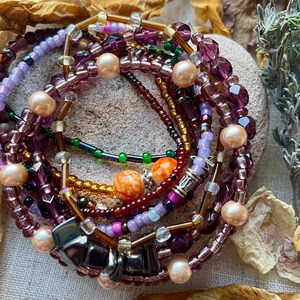 Stackable Colourful Boho Hippie Quirky Glass and Seed Beaded Stretchy Bracelet Gift for Her Boho Chic Layering Bracelet Set Yellow Purple image 3