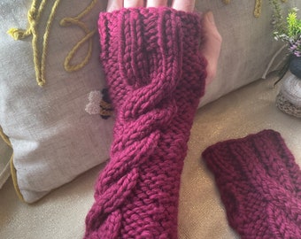 Hand knitted Chunky Hand Warmers Pure Wool Cable Pattern
