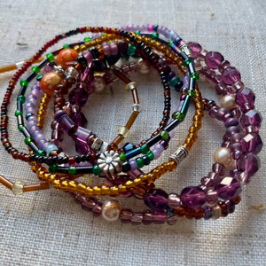 Stackable Colourful Boho Hippie Quirky Glass and Seed Beaded Stretchy Bracelet Gift for Her Boho Chic Layering Bracelet Set Yellow Purple image 7