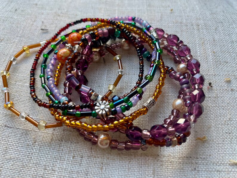 Stackable Colourful Boho Hippie Quirky Glass and Seed Beaded Stretchy Bracelet Gift for Her Boho Chic Layering Bracelet Set Yellow Purple image 7