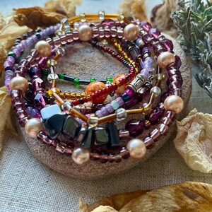 Stackable Colourful Boho Hippie Quirky Glass and Seed Beaded Stretchy Bracelet Gift for Her Boho Chic Layering Bracelet Set Yellow Purple image 2