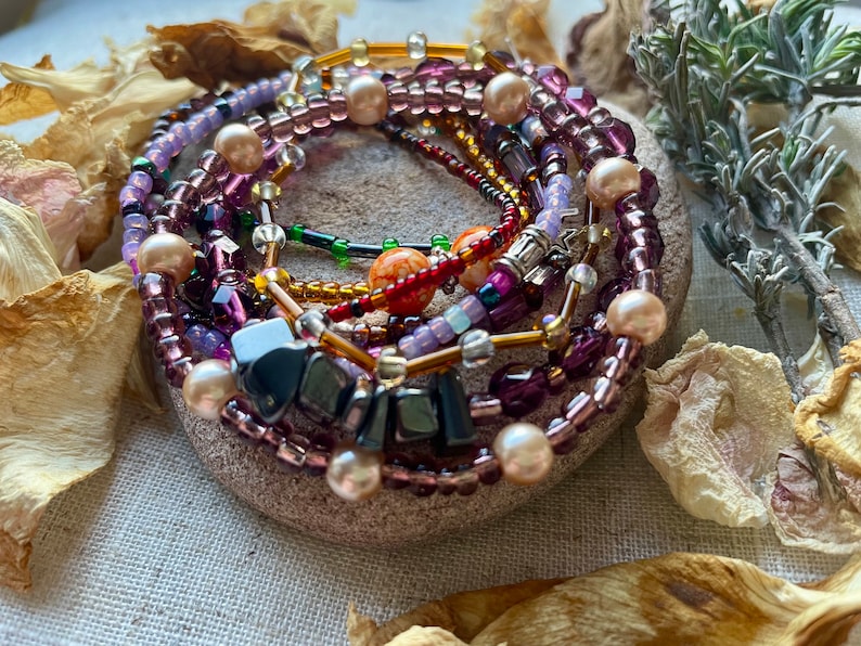Stackable Colourful Boho Hippie Quirky Glass and Seed Beaded Stretchy Bracelet Gift for Her Boho Chic Layering Bracelet Set Yellow Purple image 2