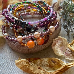 Stackable Colourful Boho Hippie Quirky Glass and Seed Beaded Stretchy Bracelet Gift for Her Boho Chic Layering Bracelet Set Yellow Purple image 4