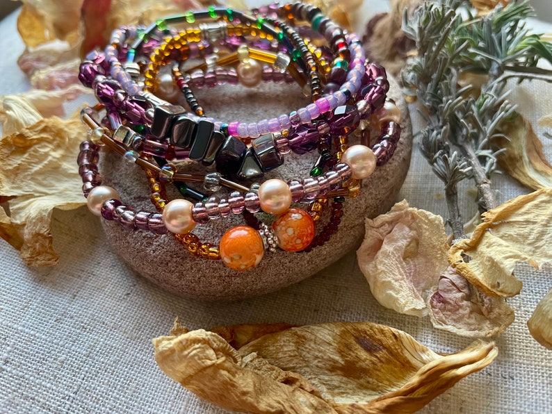 Stackable Colourful Boho Hippie Quirky Glass and Seed Beaded Stretchy Bracelet Gift for Her Boho Chic Layering Bracelet Set Yellow Purple image 4