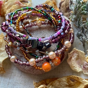 Stackable Colourful Boho Hippie Quirky Glass and Seed Beaded Stretchy Bracelet Gift for Her Boho Chic Layering Bracelet Set Yellow Purple image 6